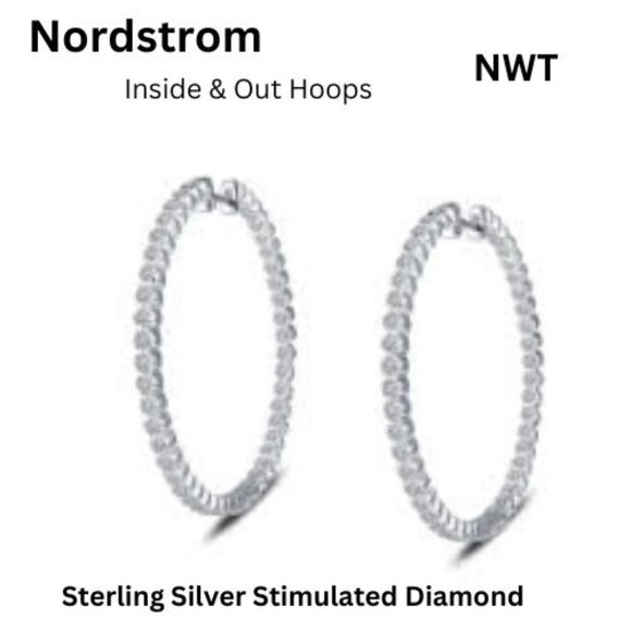 Nordstrom Stimulated Diamond Inside Out Sterling Silver White Hoop Earrings NWT - Picture 1 of 1
